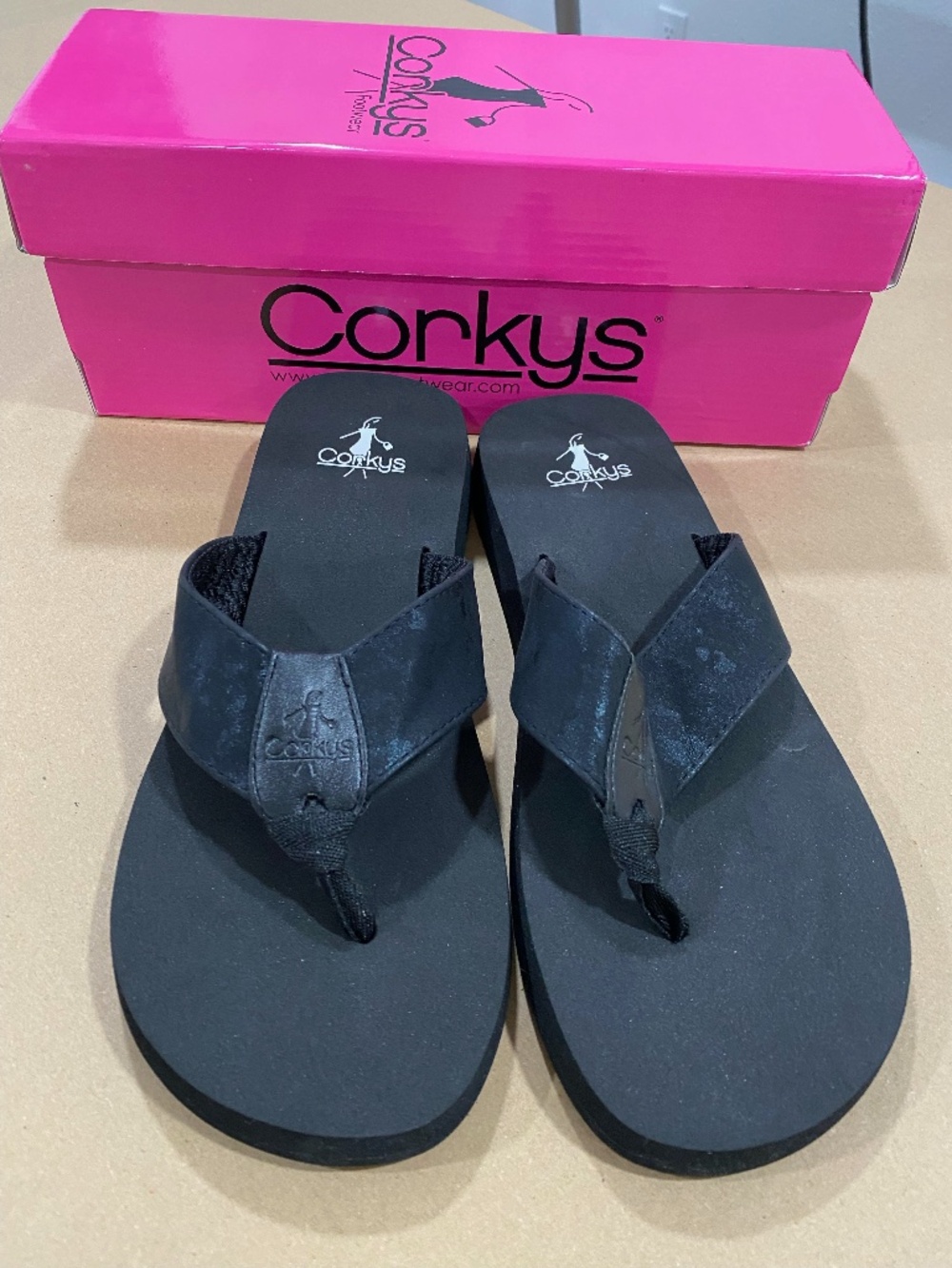 Corkys Black Flip Flops Clover Sandals Size 9